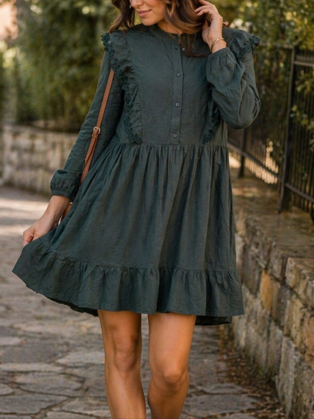 NWT b.young Dark Green Ruffle Button Front Dress | Victorian Boho Prairie